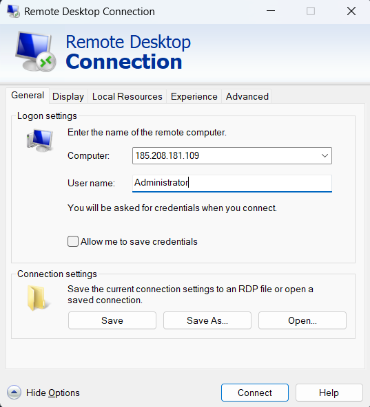 Entering connection details